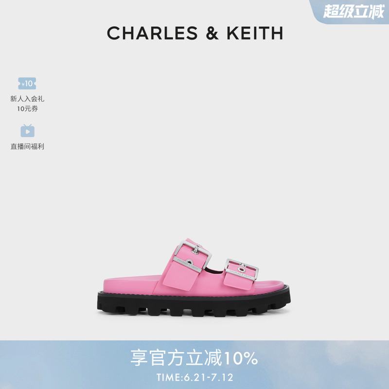 CHARLES&KEITH夏季女鞋CK1-70381029铆钉皮带扣外穿平底拖鞋女鞋