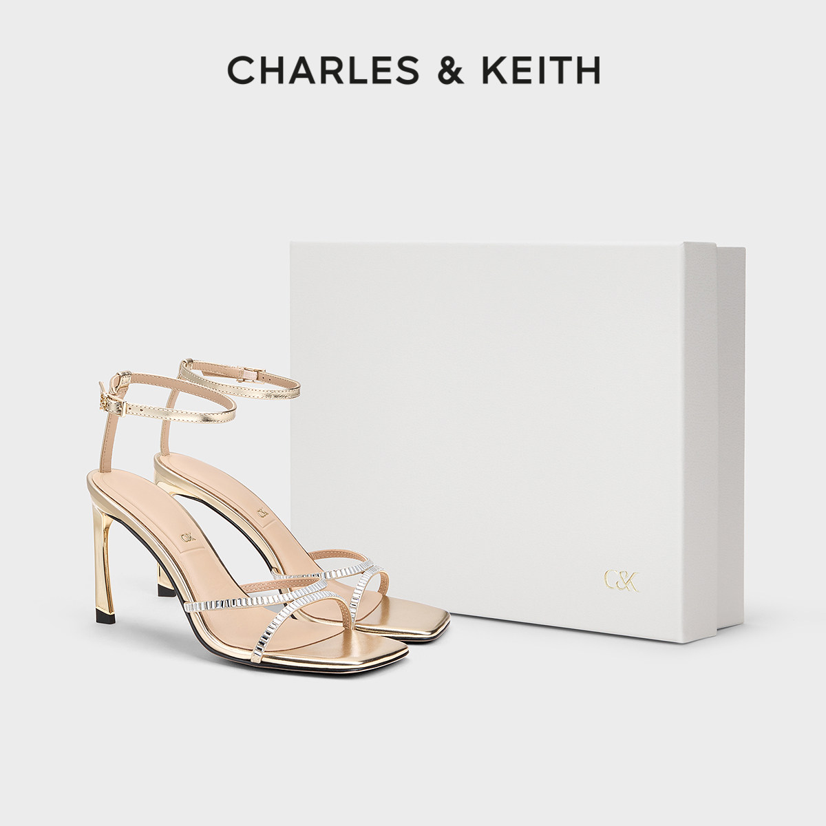 CHARLES＆KEITH26春新款SL1-60920058一字带亮钻高跟露趾凉鞋婚鞋