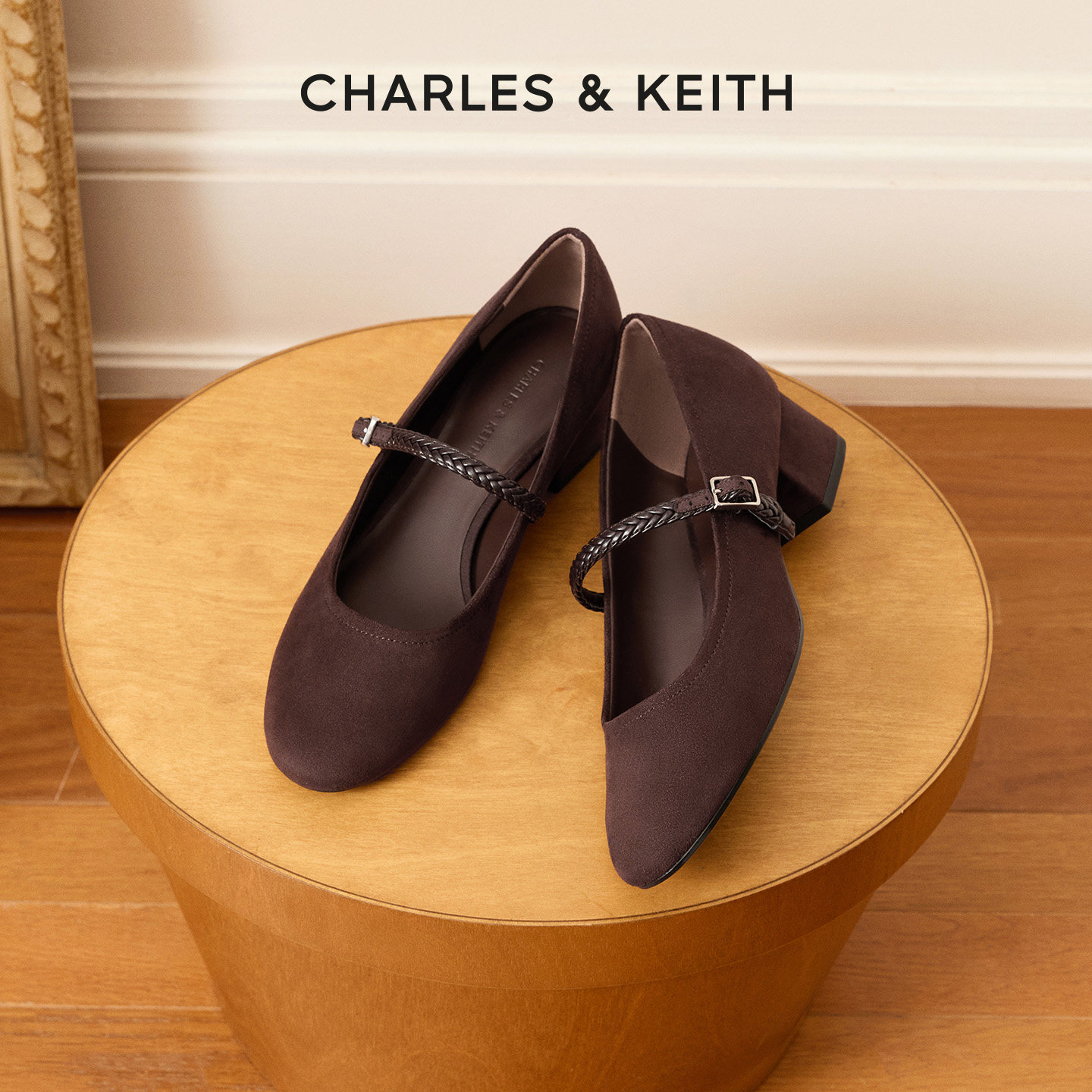 CHARLES&KEITH26冬新款CK1-60580357时尚低跟编织带绒面玛丽珍鞋