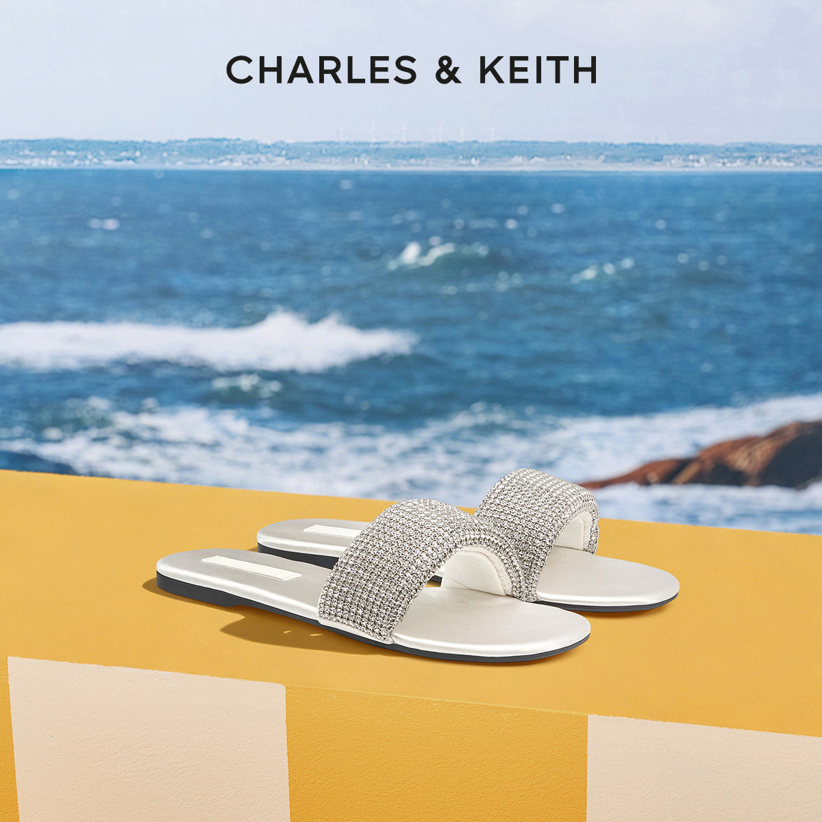 CHARLES&KEITH夏季女鞋CK1-70381127-1圆头平底钻饰一字拖鞋凉鞋
