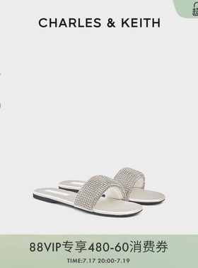 CHARLES&KEITH26夏新款CK1-70381127-1圆头平底钻饰一字拖鞋凉鞋