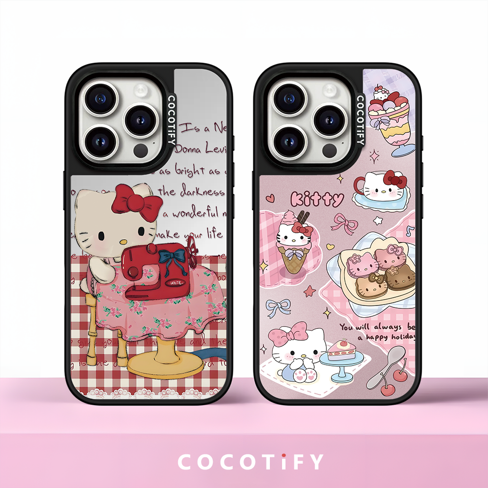 复古格子缝纫机kitty凯蒂猫适用苹果16promax手机壳iphone15pro镜面MagSafe磁吸14plus卡通13少女12可爱17Air
