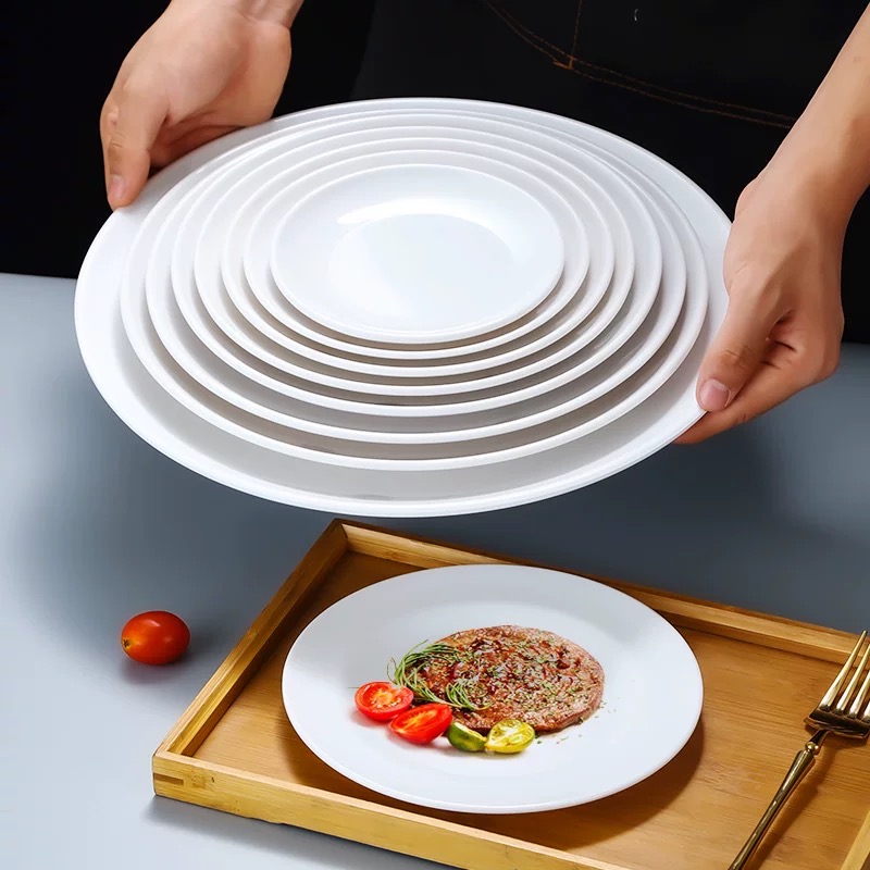 密胺圆形盘子仿瓷餐具白色塑料平盘餐盘菜盘商用自助圆盘