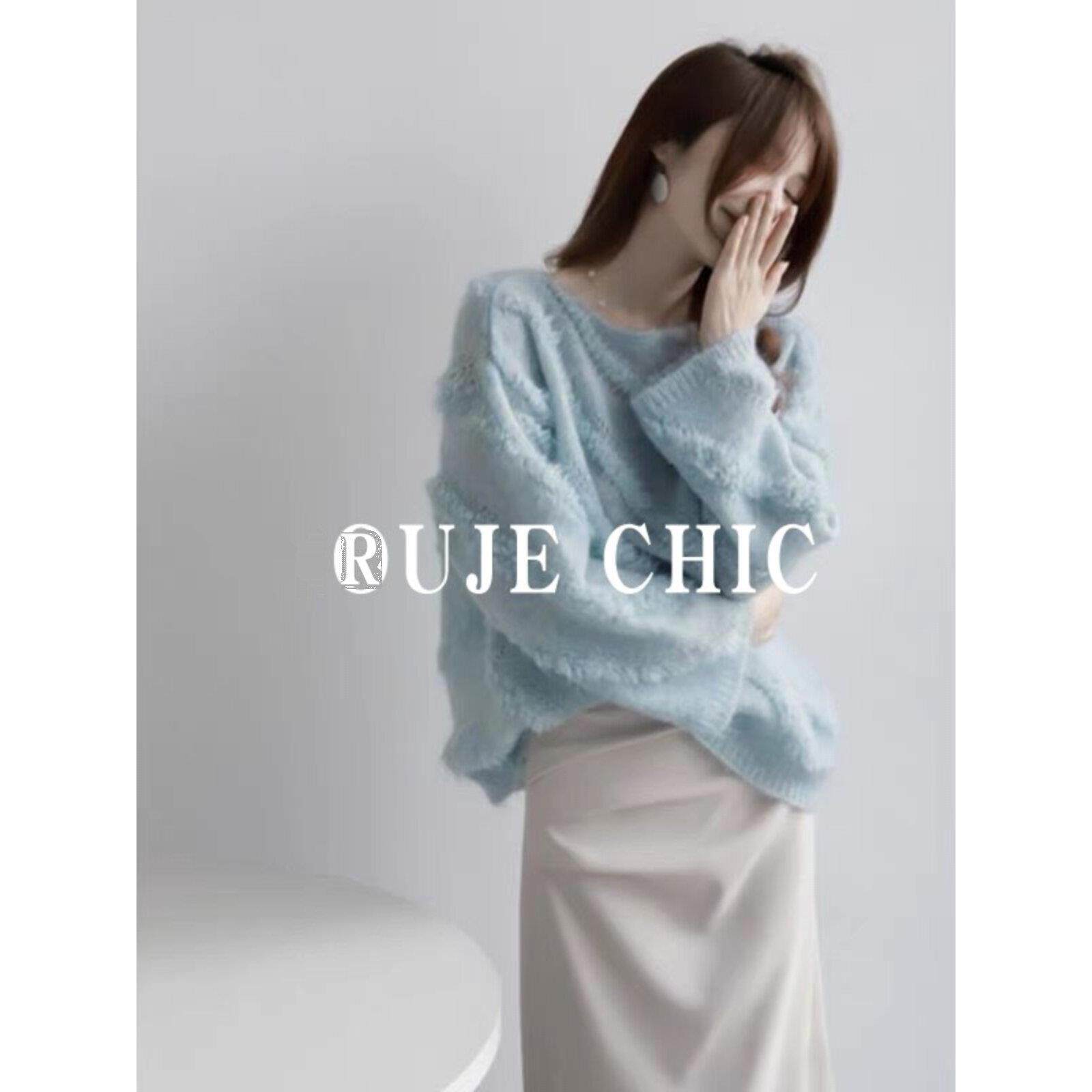 法国rouje chic覆古马海毛一字领毛衣女秋冬季套头宽松小众针织衫