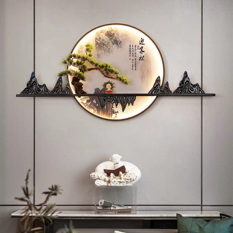 新中式壁画灯创意个性茶室圆形楼梯装饰挂画带灯玄关入户禅意灯具图片