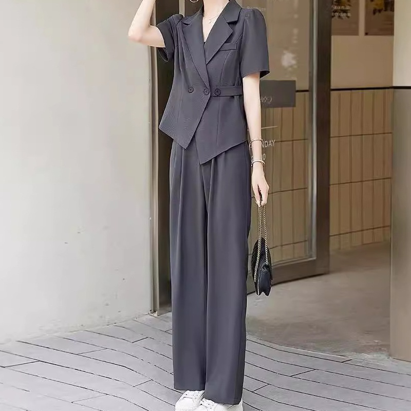 短袖西装套装女夏季新款气质高级感阔腿裤薄款时尚两件套2025