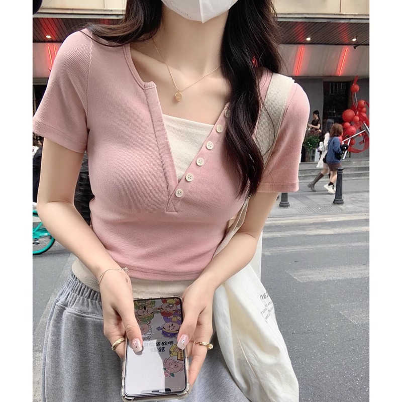 粉色V领正肩t恤女短袖春夏新款拼色假两件设计感上衣修身短款
