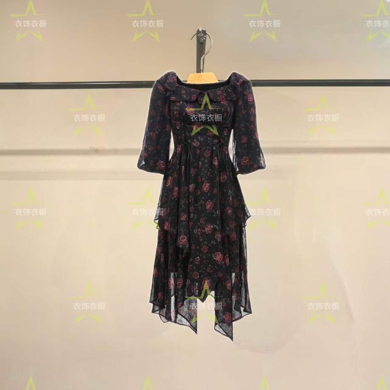 同款女装24春夏新款玫瑰印花收腰荷叶边一字肩七分袖32427C009-TO