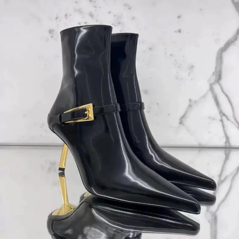 新款尖头细跟短靴金属扣杨树林小金条中筒靴侧拉链黑色性感瘦瘦靴