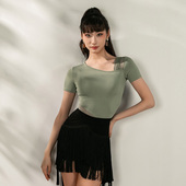 YES拉丁舞国标舞衣女上衣舞服2026新款 斜领网纱高级练功服337 短袖