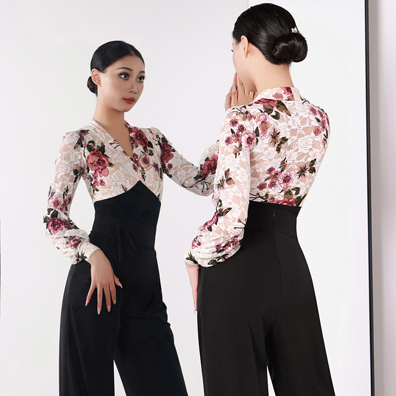 女士摩登舞体服蕾丝V领时尚优雅