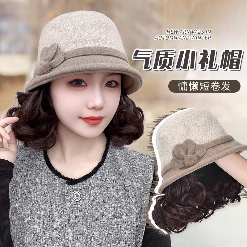 帽子假发一体女秋冬新款羊毛呢渔夫帽短卷发梨花卷气质中老年妈妈