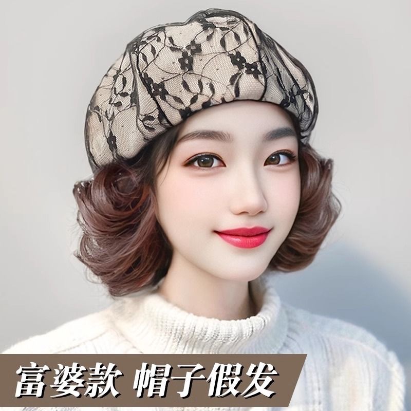 夏季薄款假发一体贝雷帽女四季款显脸小蕾丝满钻八角帽翻翘假发套