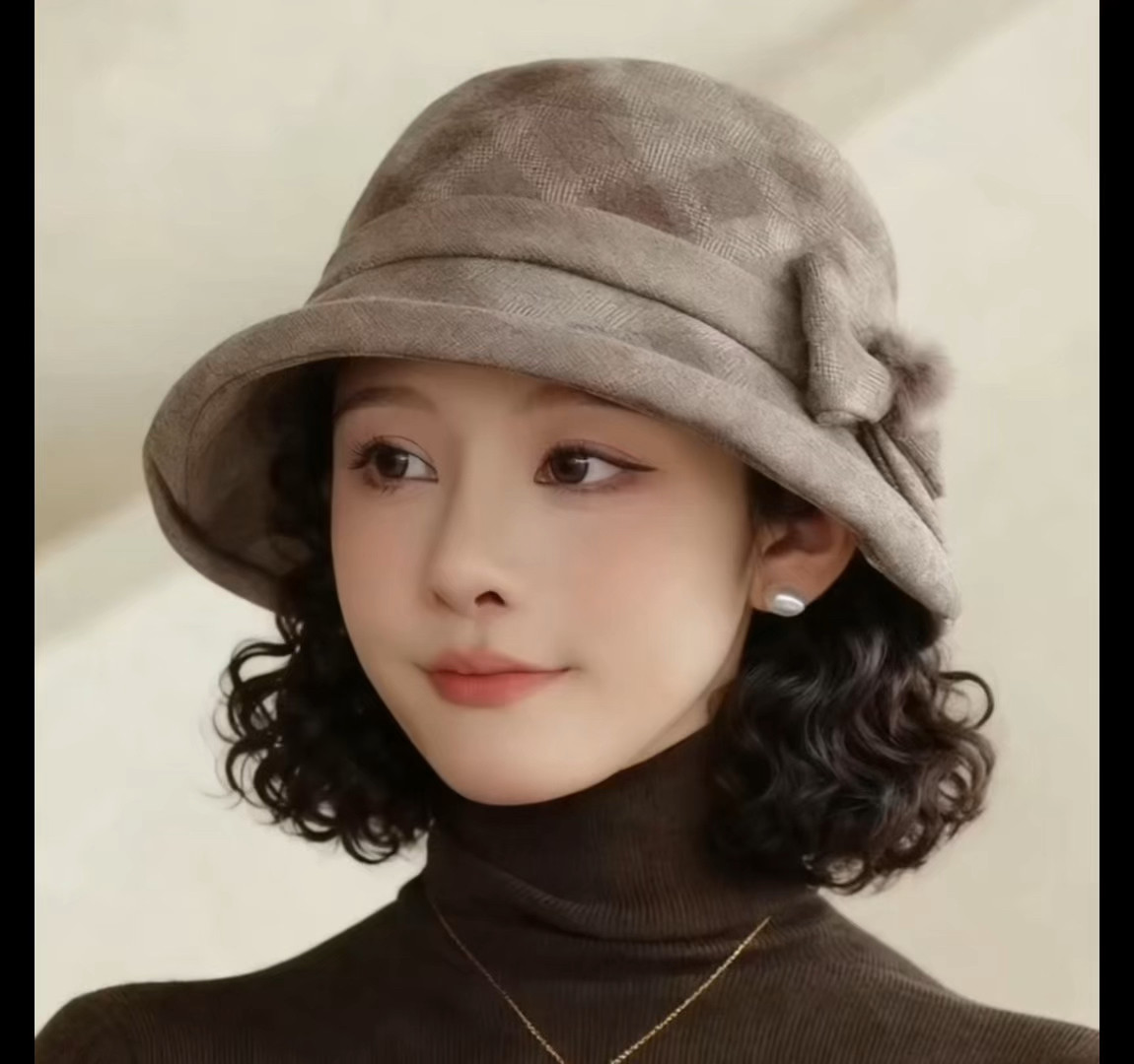 帽子假发一体女秋冬新款羊毛呢渔夫帽短卷发梨花卷气质中老年妈妈