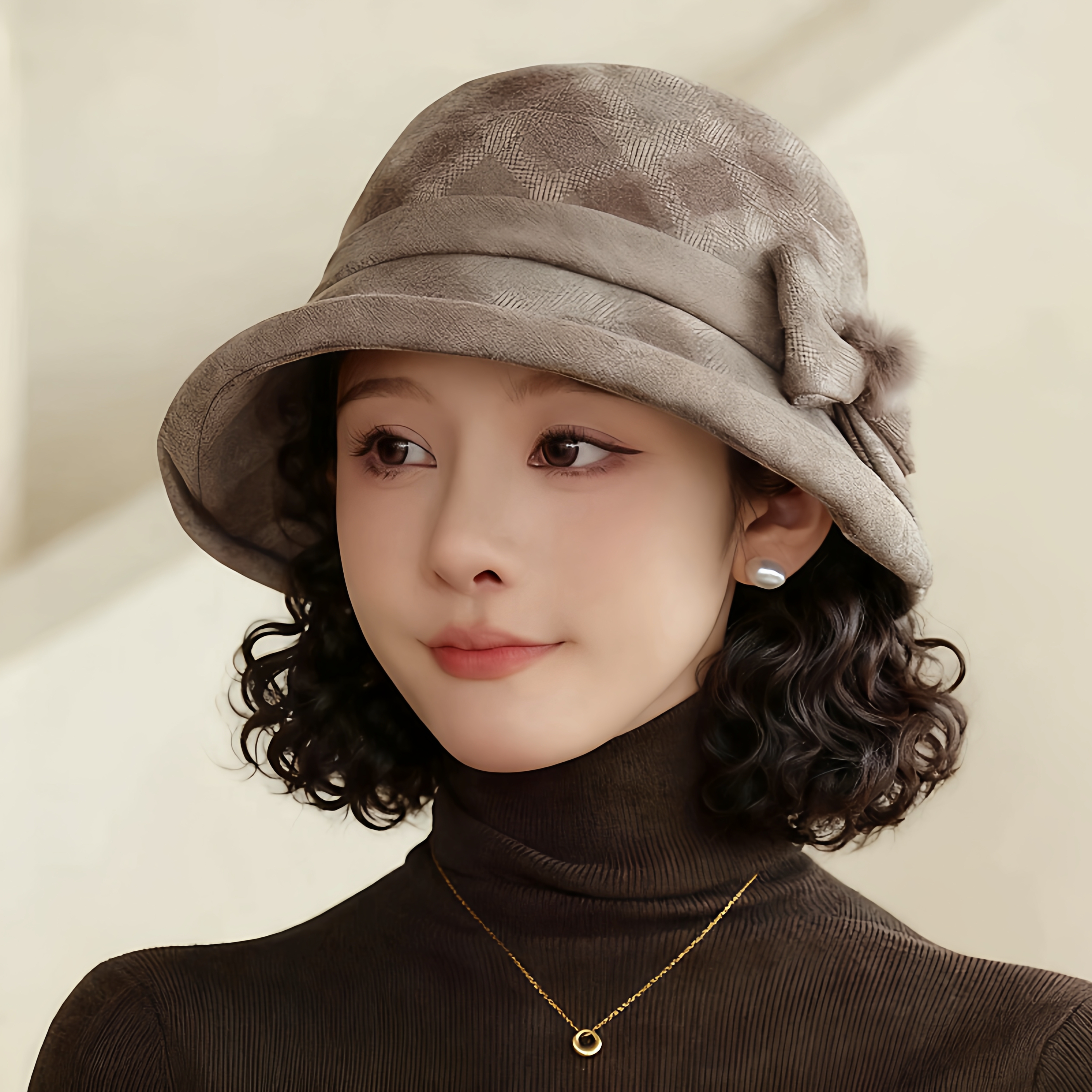 帽子假发一体女秋冬新款羊毛呢渔夫帽短卷发梨花卷气质中老年妈妈