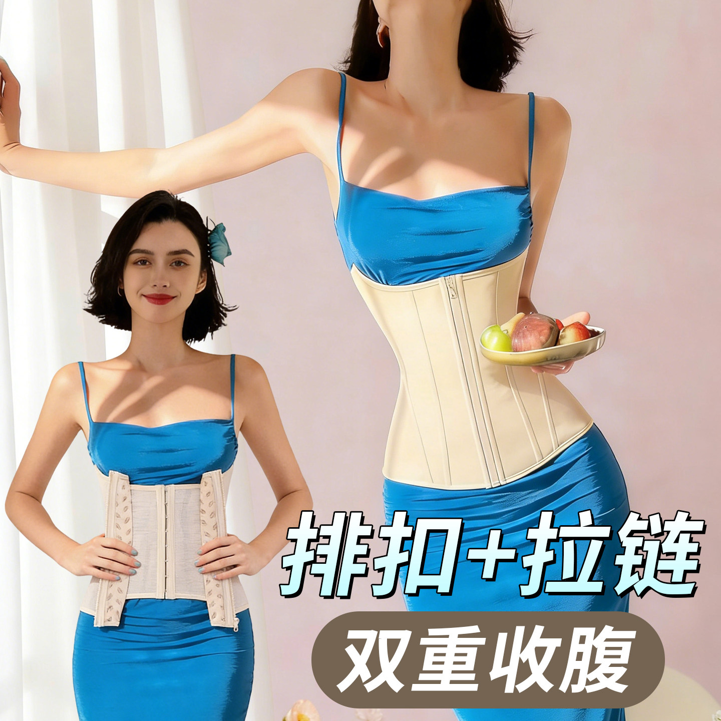 塑身衣双重收腹束腰腰封塑形拉链款轻薄隐形显瘦塑腰肤色护1018e