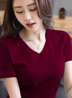 尾货撤柜外贸高端T恤女短袖2026年夏修身显瘦黑色V领打底衫上衣女