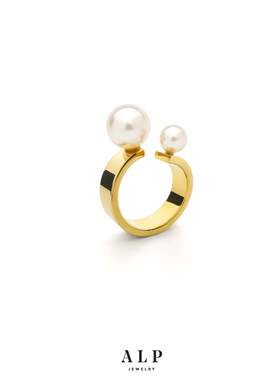 官方ALP JEWELRY无标签原创设计施华洛珍珠不对称14K真空镀金戒指