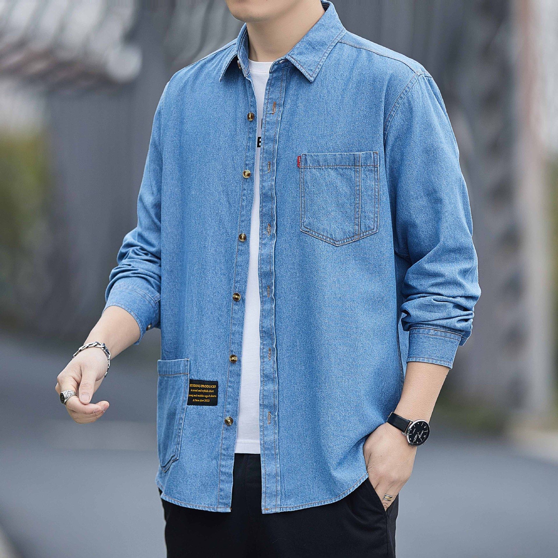 衬衫男长袖2023春季男士牛仔衬衣高级感外套内搭打底工装纯棉宽松
