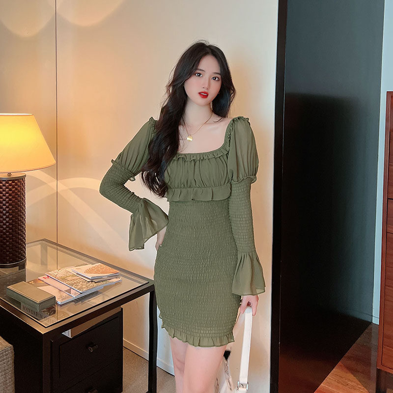 欧美风方领泡泡袖法式礼服田园雪纺连衣裙夜店轰趴性感辣妹装2022