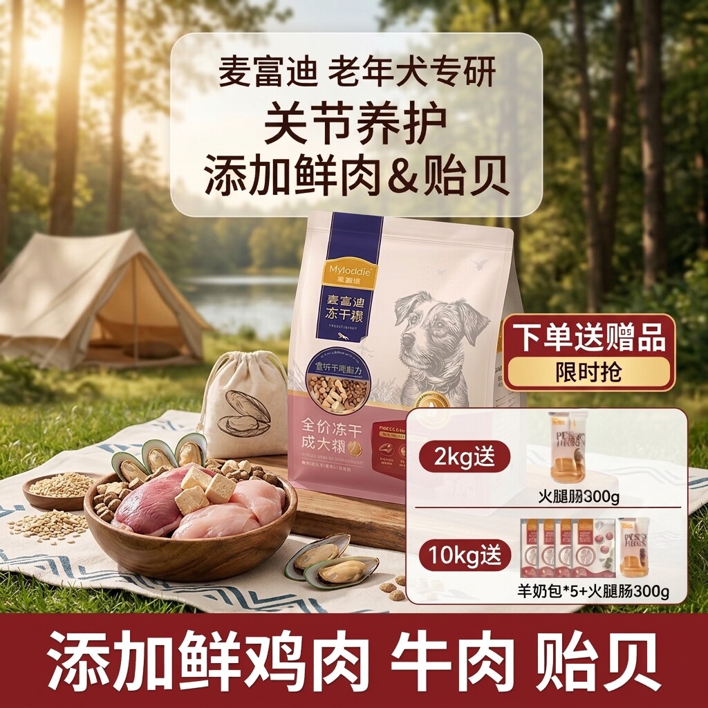 麦富迪狗粮牛肉贻贝无谷冻干双拼老年犬粮营养均衡配方全价膨化粮