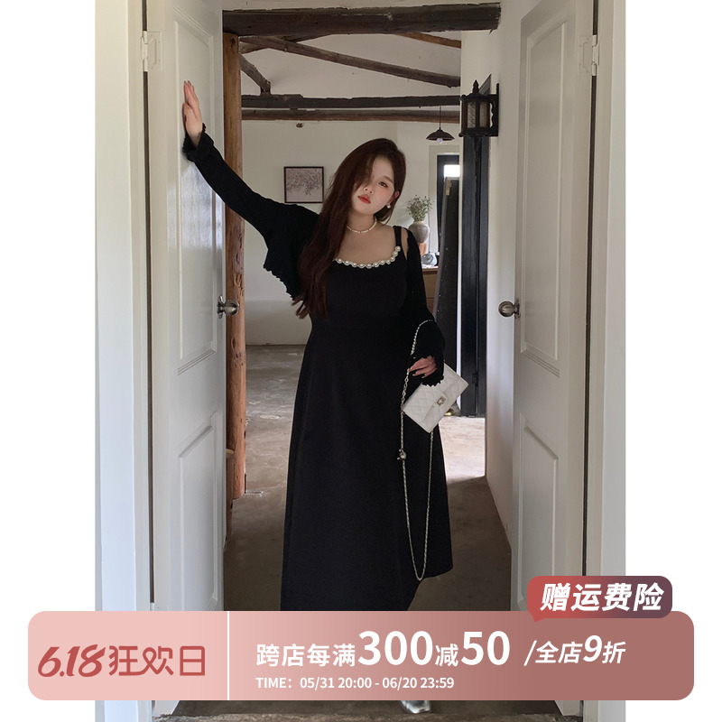 徐达布黑色连衣裙大码女装定制珍珠吊带裙2024夏季新款微胖长裙子