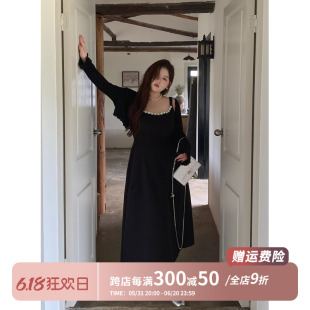 女装 徐达布黑色连衣裙大码 定制珍珠吊带裙2024夏季 新款 微胖长裙子