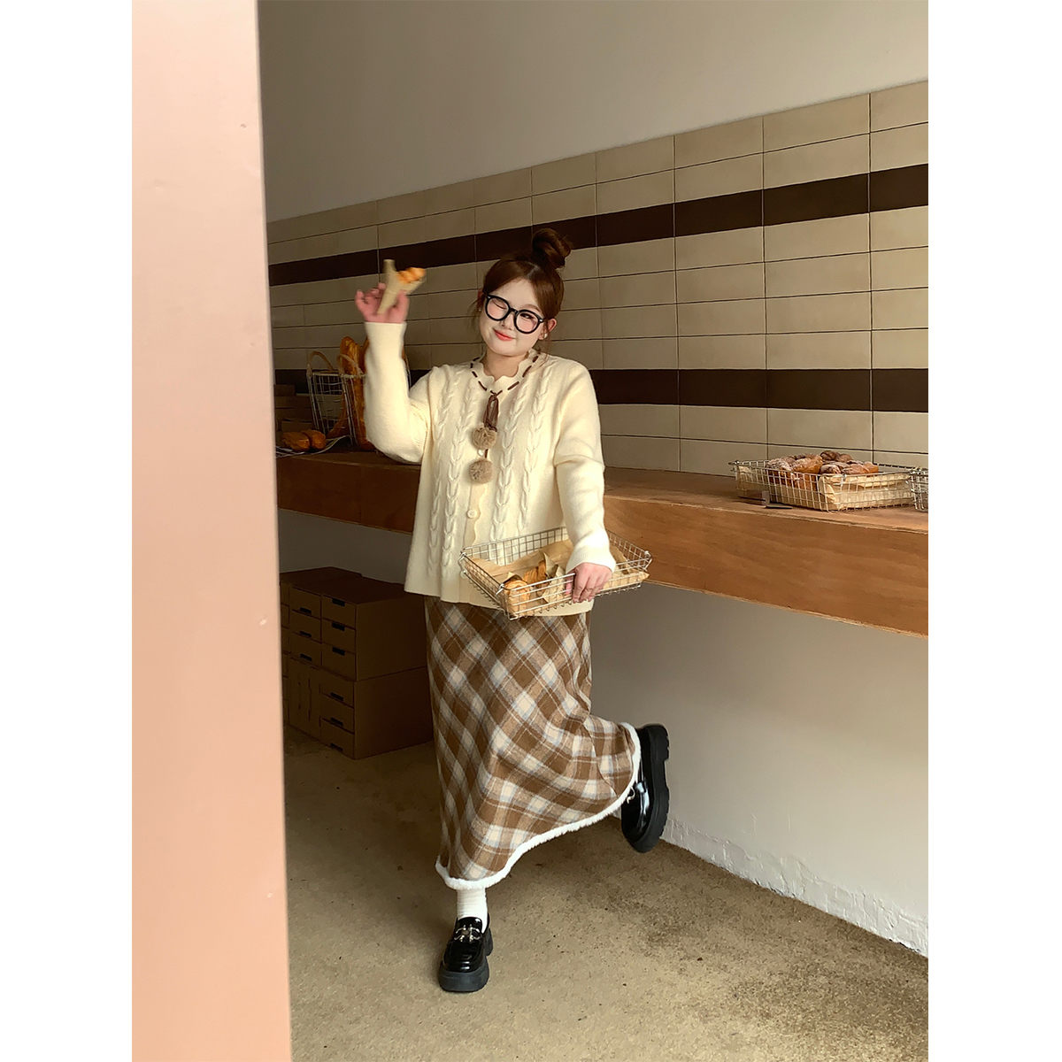 徐达布微胖大码半身裙女法式长裙胖mm复古格子裙显瘦裙子套装