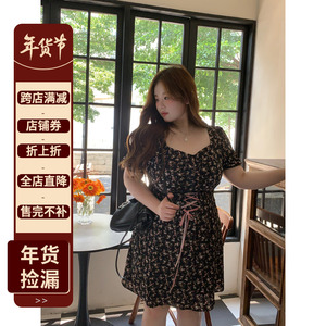 徐达布胖MM黑色碎花连衣裙女2023夏季新款法式温柔风穿搭显瘦裙子