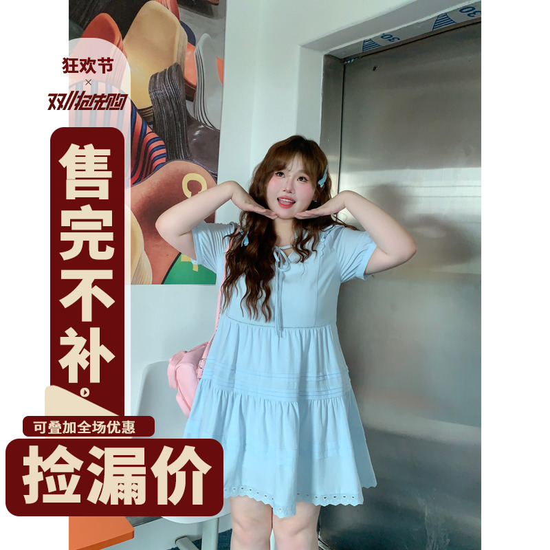 徐达布蓝色连衣裙胖mm显瘦遮肚裙子2023新款夏季别致独特气质长裙