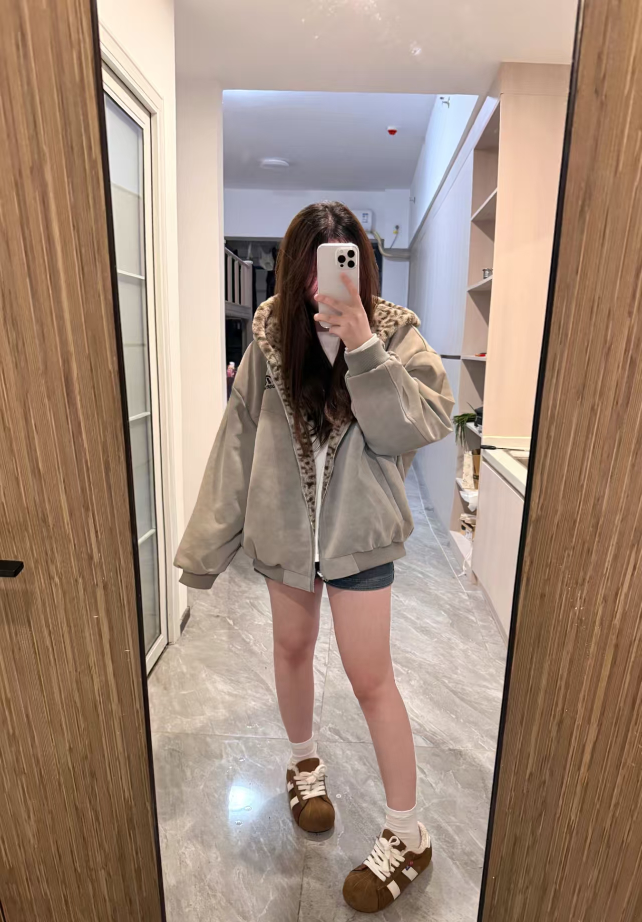 衣简衫美式复古豹纹拼接外套女拉链设计感宽松两面穿开衫保暖棉衣