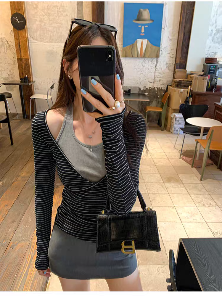 衣简衫假两件条纹长袖T恤女2025秋季新款修身显瘦内搭打底衫上衣