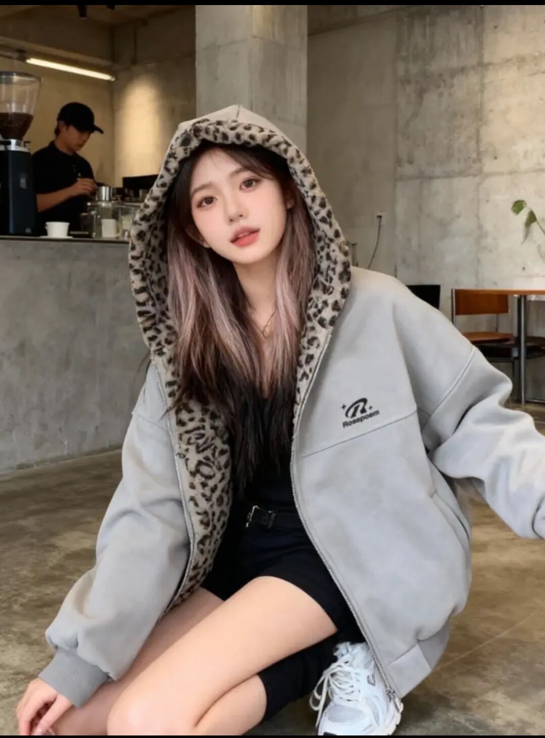 衣简衫美式复古豹纹拼接外套女拉链设计感宽松两面穿开衫保暖棉衣