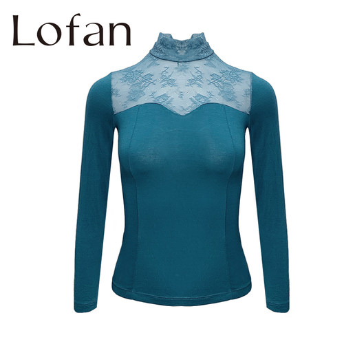 lofan蕾丝高领秋衣长袖保暖女
