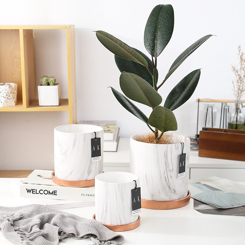 艾克家居|欧式花盆大理纹圆盆简约文艺个性特大号带托盘绿萝盆a