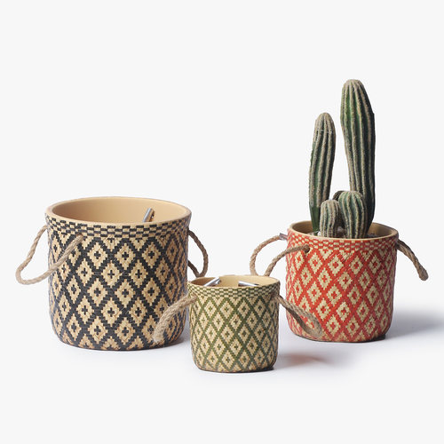 复古风仿编织篮陶土花盆方格风格简约创意盆栽绿萝绿植有孔花盆