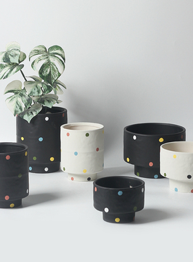 新款北欧ins奶油风可爱彩色波点仙人掌盆栽兰花室内高矮花盆陶盆