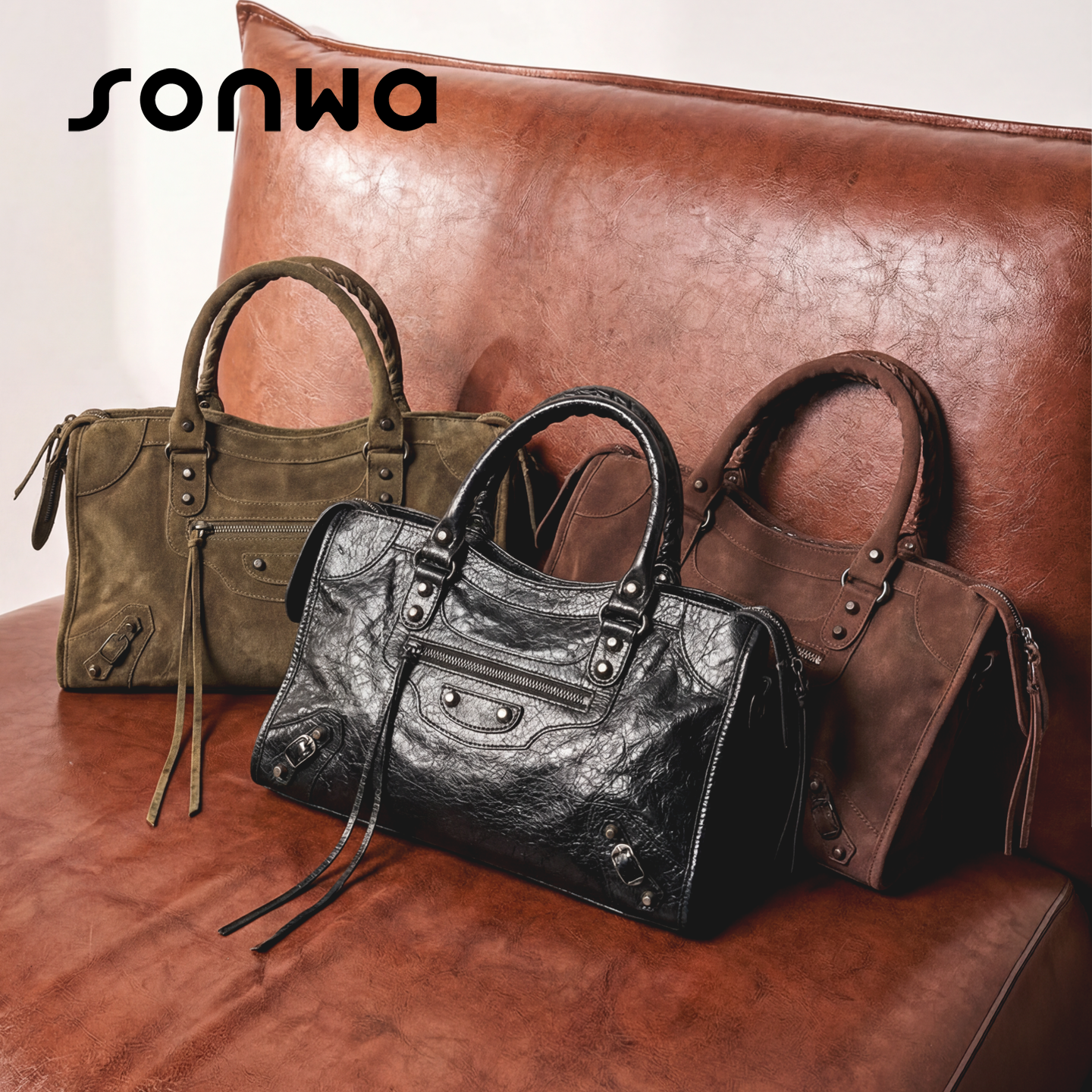 SONWA/巴黎复古机车包 油蜡麂皮铆钉辣妹包 大容量单肩手提斜挎包,箱包皮具/热销女包/男包,通用款女包,淘宝优惠券,粉丝福利购,淘宝优惠卷