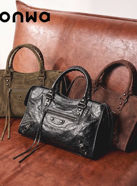 SONWA/巴黎复古机车包 油蜡麂皮铆钉辣妹包 大容量单肩手提斜挎包