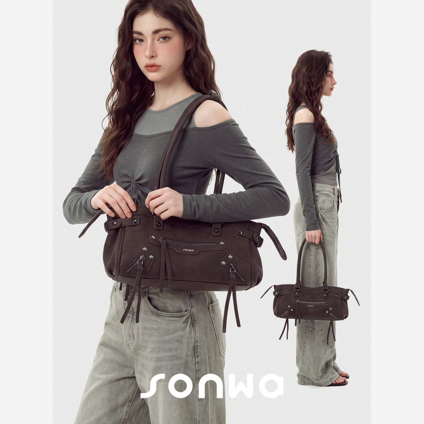 SONWA/原创 横款巴黎机车包 复古铆钉流苏辣妹单肩手提法棍腋下包