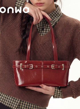 SONWA/原创 随行贝贝腋下包 新年红复古通勤皮带扣单肩手提法棍包