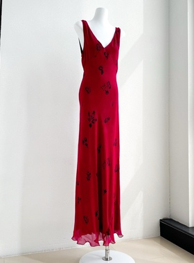 Realisation 红色V领性感热烈印花 真丝连衣裙