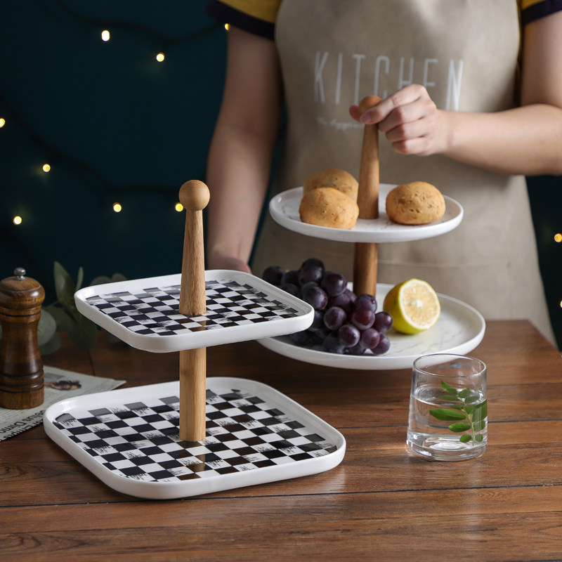 微瑕处理双层水果盘客厅陶瓷现代糖果干果盘创意家用下午茶点心架