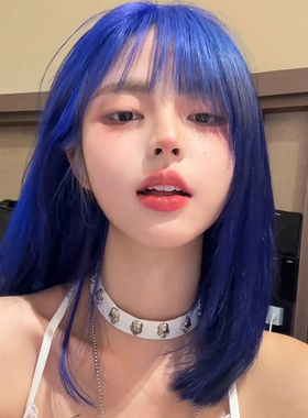 黑色草莓蓝色中长假发全头套女整顶发套cos女团jk蓝发lolita直发