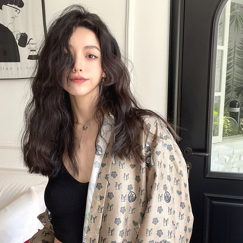 羊毛卷假发自然黑中分刘海