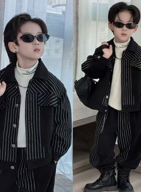 童装2025新款复古风男童条纹加厚年货套装秋冬帅气时髦洋气两件套