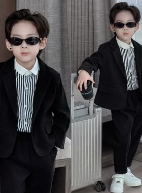 男童西装套装秋冬新款儿童加厚毛呢西服黑色新年男孩礼服两件套潮