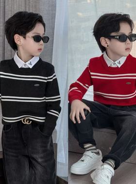童装2025韩版新款条纹毛衣男童假两件针织衫圣诞新年秋冬上衣潮
