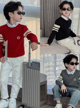 童装2025新款秋冬儿童假两件衬衫领针织衫男童新年毛衣时尚上衣