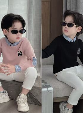 男童假两件毛衣2025新款儿童秋冬针织衫中大童装时髦休闲上衣帅气